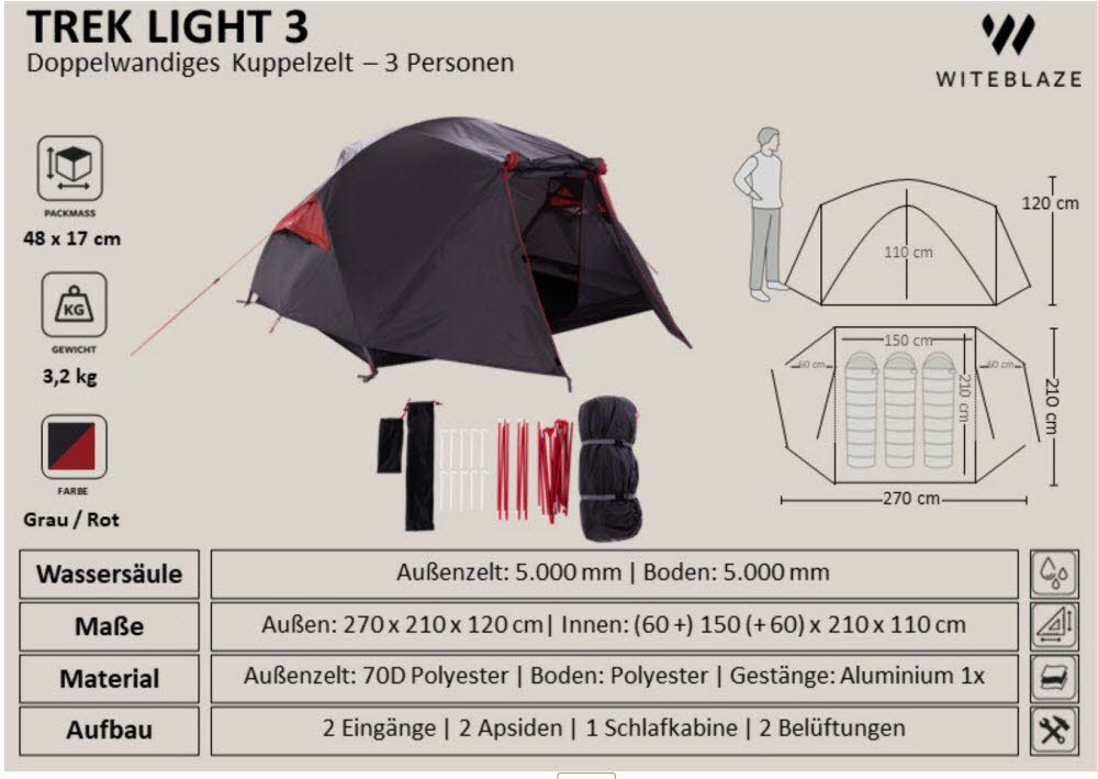 TREK LIGHT 3, Camping Tent,grau-rot