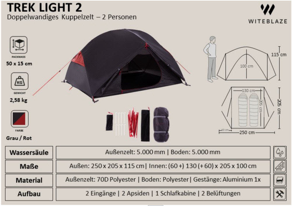 TREK LIGHT 2, Camping Tent,grau-rot